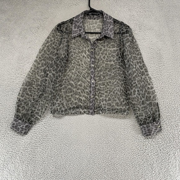 Zara Tops - Zara Sheer Leopard Button Up Top Womens Small Gray Cropped Balloon Sleeve Y2K